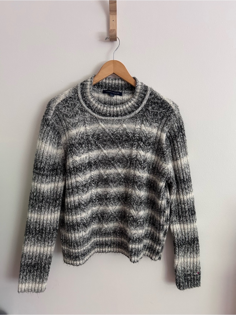 Tommy Hilfiger Black and White Striped Ribbed Crewneck Sweater